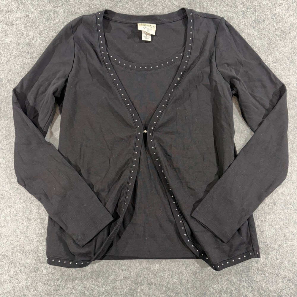 Essentials by Maggie Womens Black 2-in-1 Studded Cardigan Tank Top Size S Cotton